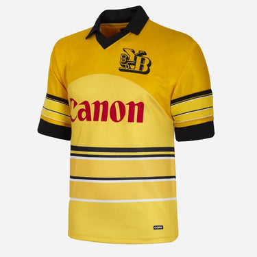 BSC Young Boys 1981–83 retro football shirt by COPA in yellow with black collar and Canon sponsor front view