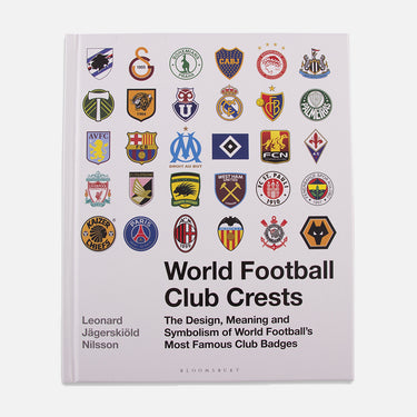 Front cover of World Football Club Crests book showing a grid of international football badges