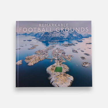 Front cover of Remarkable Football Grounds book with aerial photo of island stadium