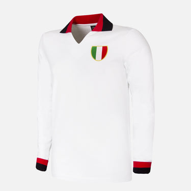 Front view of AC Milan 1963 European Cup Final Retro Football Shirt in white with black and red V-neck collar, long sleeves with red and black cuffs, and embroidered Scudetto badge