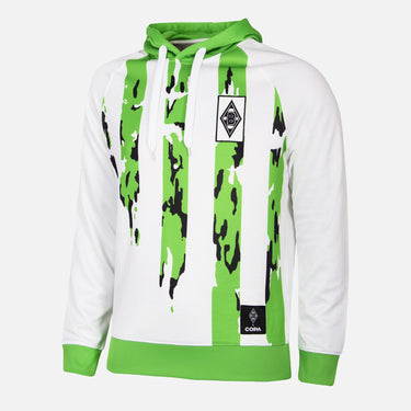 Front view of the Borussia Mönchengladbach x COPA hoodie in white with green and black brushstroke stripes and club crest on the chest