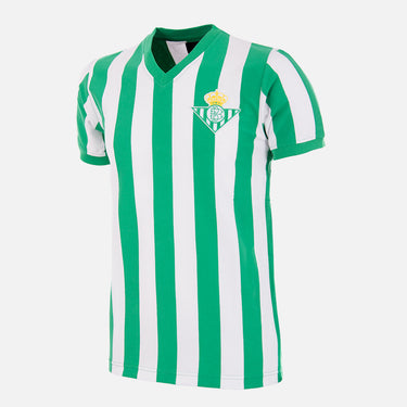 Front view of the Real Betis 1976 - 77 Retro Football Shirt, featuring classic green and white vertical stripes.
