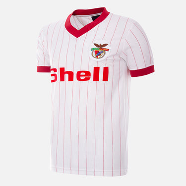 Flat-lay of the SL Benfica 1985 - 86 Away Retro Football Shirt, featuring a white design with red pinstripes and the iconic Shell sponsor.
