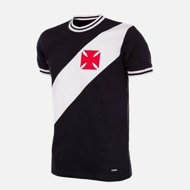 Flat lay of the Vasco da Gama 1970 Retro Football Shirt, featuring the club's iconic black design with a diagonal white sash and red cross.