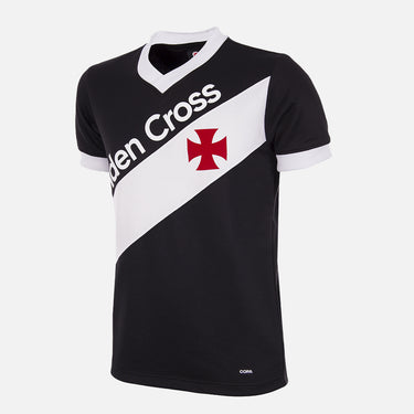 Flat-lay of the Vasco da Gama 1985 Retro Football Shirt, featuring its iconic black and white diagonal sash design with the "Golden Cross" sponsor.