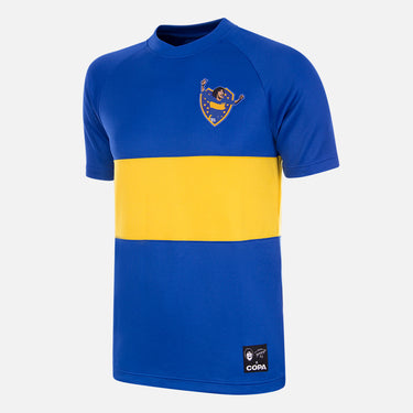Flat-lay of the Maradona x COPA Boca 1981 - 82 Retro Football Shirt, featuring Boca Juniors' iconic blue and yellow color scheme.