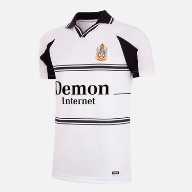 Flat lay of the Fulham FC 1999-00 Retro Football Shirt in white with black trim and "Demon Internet" sponsor logo.