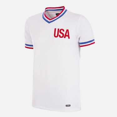 Flat lay of the USA 1976 Retro Football Shirt, featuring a classic white design with red and blue trim.