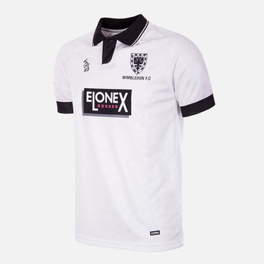 Front view of the Wimbledon FC 1994-95 Away Retro Football Shirt, featuring a white base with black details and sponsor logo.