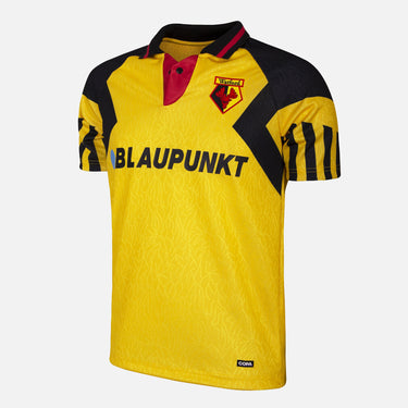 Watford FC 1994 - 95 Retro Football Shirt Yellow & Black featuring black shoulder panels, a red collar, Blaupunkt sponsor logo, and embroidered club crest.
