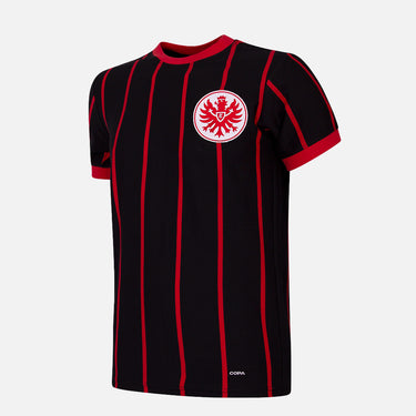Eintracht Frankfurt 1972 - 73 Retro Football Shirt Black & Red with thin red pinstripes, round collar, and Eintracht eagle crest.