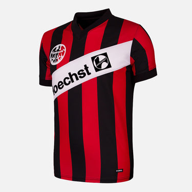 Eintracht Frankfurt 1990 - 91 Retro Football Shirt Red & Black with vertical stripes, diagonal Hoechst sponsor logo, and Eintracht crest.