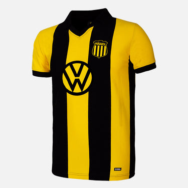 Retro Peñarol football shirt with black and yellow stripes, Volkswagen sponsor logo, and classic club crest.
