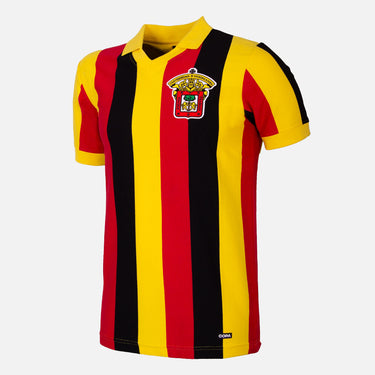Leones Negros udeG 1974 Retro Football Shirt Yellow, Red & Black with vertical stripes and embroidered club crest on the chest.