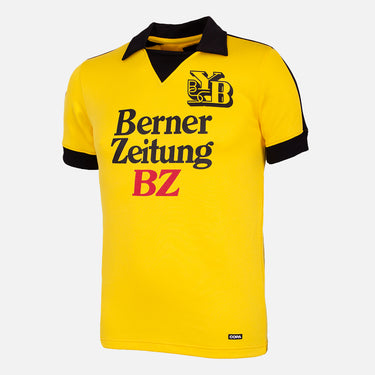 Classic BSC Young Boys 1980 - 81 Retro Football Shirt Yellow & Black with black collar and cuffs, featuring the Berner Zeitung sponsor logo.