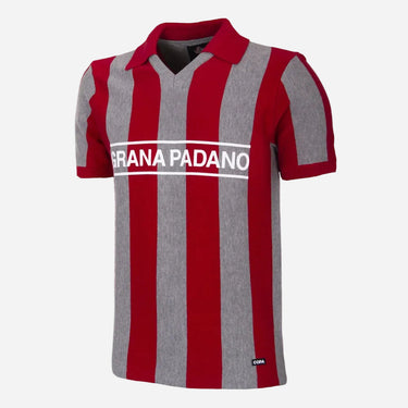 US Cremonese 1983–84 retro football shirt front view with grey and red stripes and Granapadano sponsor