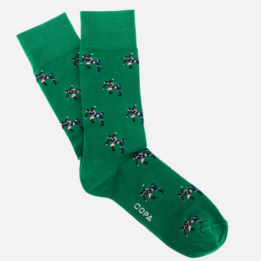 casual green socks with a repeating pixel-style illustration of eric cantona football moment kung fu