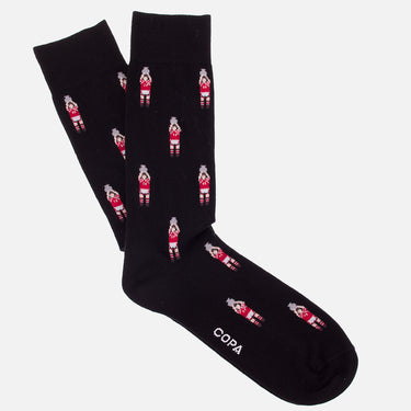 casual black socks with a repeating pixel-style illustration of a footballer holding a trophy above his head refers to denmark 1992