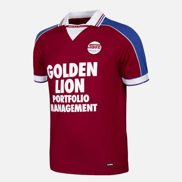 Servette FC 1998 - 99 Retro Football Shirt Burgundy & Blue featuring blue shoulder panels, white accents, and "Golden Lion" sponsor logo