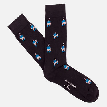 casual black socks with a repeating pixel-style illustration of maradona juggling a ball