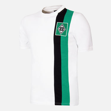White Borussia Mönchengladbach T-shirt with vertical green and black stripe and club crest on the chest.