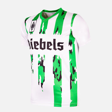 Borussia Mönchengladbach retro football shirt in white with green and black paint-style stripes and Diebels sponsor logo.