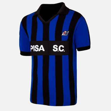 Retro Pisa S.C. football shirt with blue and black vertical stripes and classic collar.