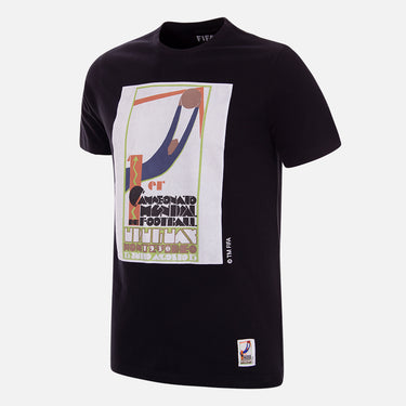 Flat-lay of the Uruguay 1930 World Cup Emblem T-Shirt, featuring a black base with a large vintage FIFA World Cup emblem print on the front.