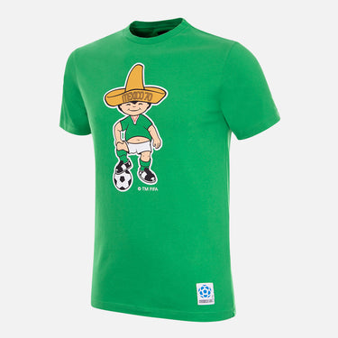 Green T-shirt featuring Juanito, the Mexico 1970 World Cup mascot, wearing a sombrero and kicking a football, a tribute to the tournament.
