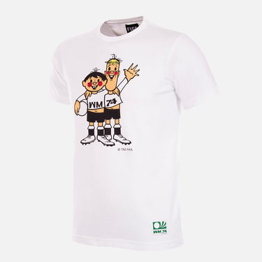Germany 1974 World Cup T-Shirt, featuring Tip and Tap, the tournament's official mascots, in black and white football kits.