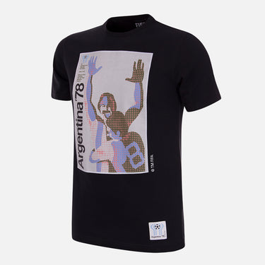 Black Argentina 1978 World Cup Poster T-shirt, featuring an artistic print of the official tournament poster.
