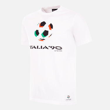 White T-shirt featuring the Italia '90 emblem, a football design with Italian flag colors, celebrating the 1990 FIFA World Cup.