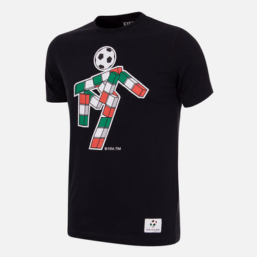 Italy 1990 World Cup Ciao Mascot T-Shirt in black, featuring the iconic tricolor stick-figure mascot with a football head.