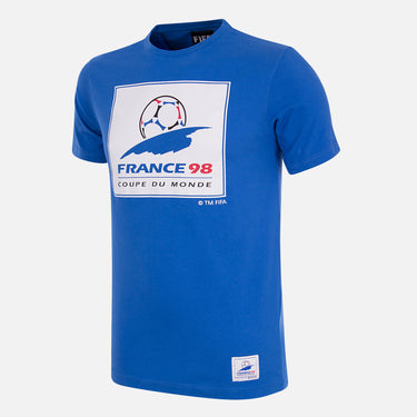 Front view of the France 1998 World Cup Emblem T-Shirt, featuring the official tournament logo printed on a blue fabric.