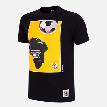 Flat-lay of the South Africa 2010 World Cup Poster T-Shirt, featuring a bold yellow and black design with a football graphic and tournament details.