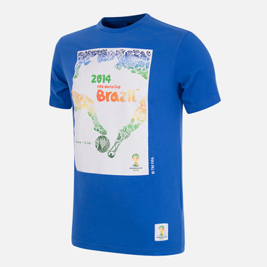Blue T-shirt featuring the 2014 FIFA World Cup poster, celebrating Brazil’s tournament with a vibrant, colorful design.