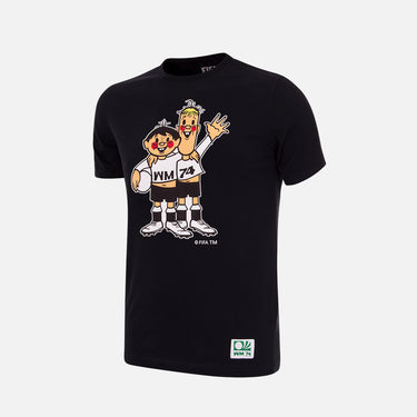 Black T-shirt featuring the WM 74 mascots, Tip and Tap, representing the 1974 FIFA World Cup held in West Germany.