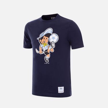 Argentina 1978 World Cup Mascot Kids T-Shirt Navy Blue featuring the official mascot "Gauchito" in a playful football pose.