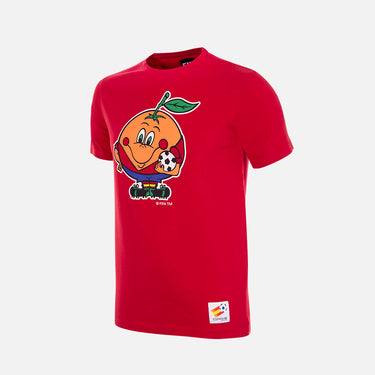Spain 1982 Naranjito T-Shirt in red, featuring the iconic orange mascot holding a football, representing the FIFA World Cup in Spain.