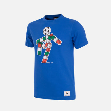 Italia 1990 World Cup Mascot Kids T-Shirt in blue, featuring "Ciao," the iconic mascot with an Italian flag design and a football for a head.