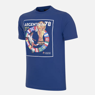 Panini FIFA Argentina 1978 World Cup T-shirt, blue with a front print featuring the official sticker album cover from the tournament.