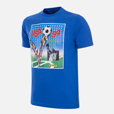 Panini FIFA USA 1994 World Cup T-Shirt in blue, featuring a vintage-style graphic of the tournament with the Ciao mascot and Panini logo.