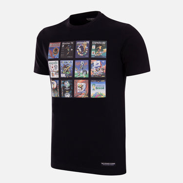Panini FIFA World Cup Collage T-shirt, black with a front print showcasing classic Panini World Cup sticker album covers.