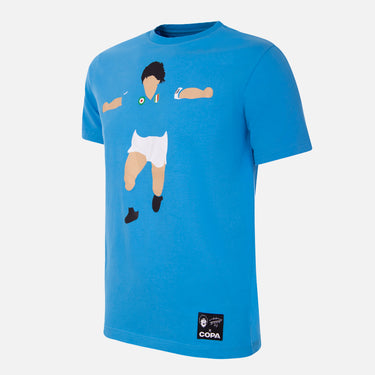 Maradona X COPA Napoli Graphic T-Shirt Blue Lifestyle worn by a model leaning against a textured stone wall.