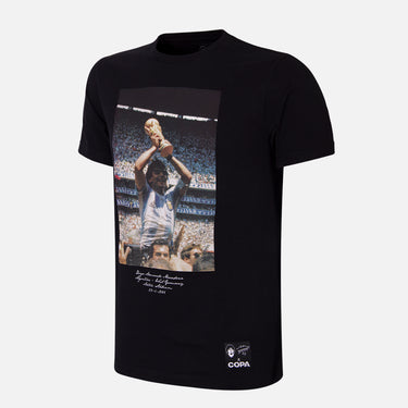 Full view of the Maradona x COPA T-shirt, showcasing the bold black design with a legendary Maradona moment printed on the front.