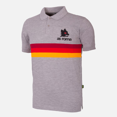 Front view of grey AS Roma Stripes Polo with red, orange, and yellow horizontal chest stripes and AS Roma wolf logo.