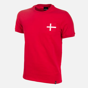Denmark 1970's Retro Football Shirt displayed on a white background, featuring a red body with a small white Danish flag cross on the chest.