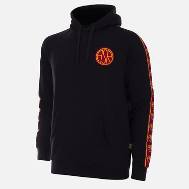 Flat-lay of the AS Roma Black Taper Hooded Sweater with red and yellow sleeve stripe