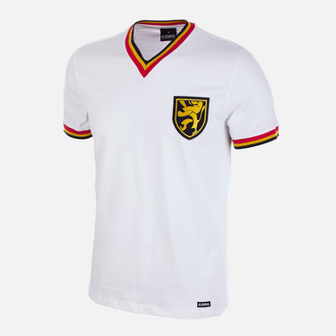 Flat lay of the Belgium Away 1970's Retro Football Shirt, featuring a white design with red, yellow, and black collar trim and the Belgian team crest.