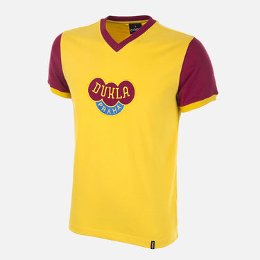 Flat lay of the Dukla Prague Away 1960's Retro Football Shirt, featuring a yellow design with maroon sleeves and the Dukla Praha crest.